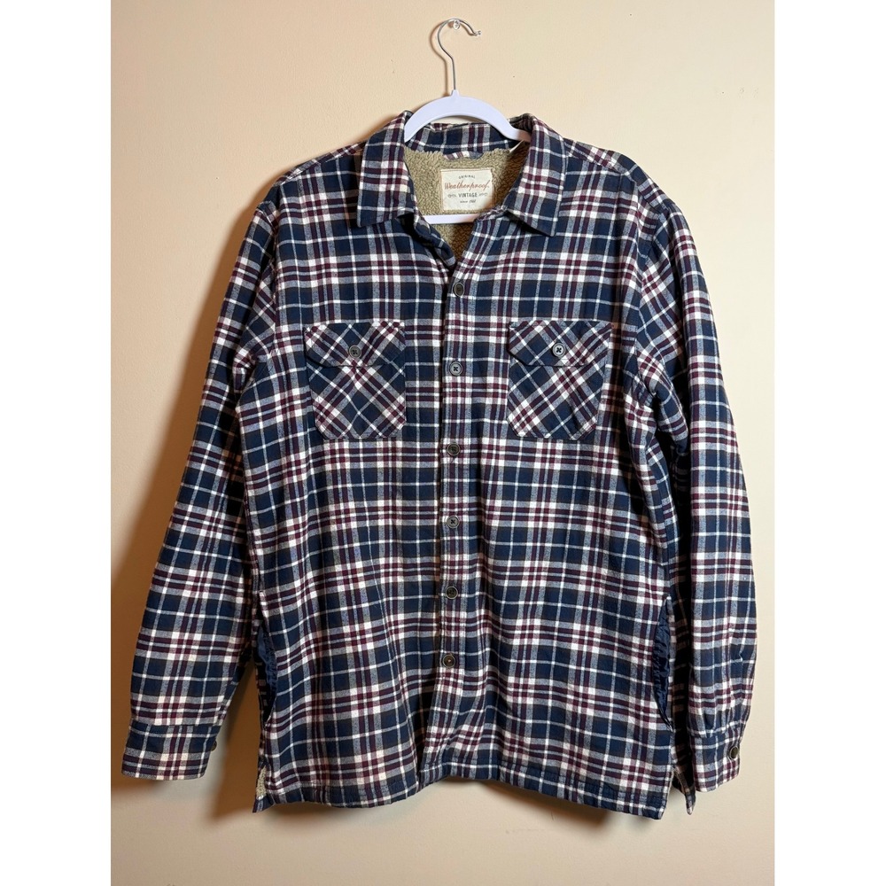 Weatherproof Vintage Mens Plaid Sherpa Lined Flannel Shirt Jacket Navy Red Large